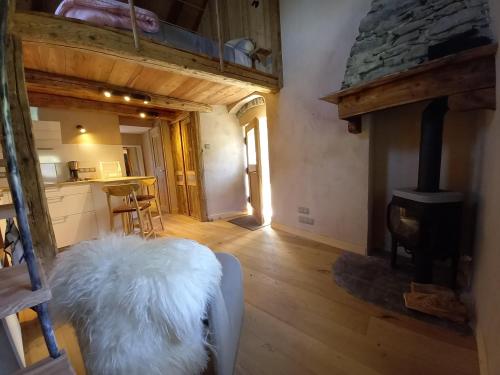 una sala de estar con chimenea y un perro blanco en Bourg Saint Maurice Les Arcs - maisonnette grand confort dans charmant village de montagne ! en Bourg-Saint-Maurice