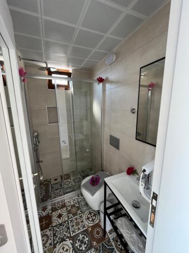 a bathroom with a shower and a toilet and a sink at Talay Pansiyon in Kaş