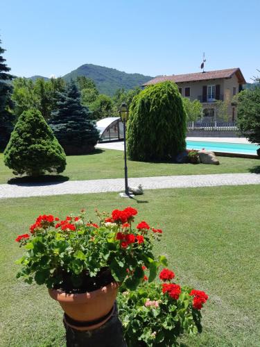 una maceta de flores con flores rojas en un patio en L'Isola Dla Cerrea, en Mombasiglio