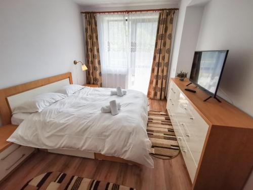 a bedroom with a bed with a television and a dresser at Orchid Luxury Apartment Sinaia in Sinaia