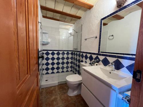 a bathroom with a toilet and a sink and a mirror at Casa Rural - Vivienda Yunque in Puerto del Pino
