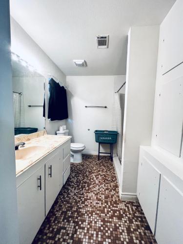 uma casa de banho com um lavatório e um WC em Cozy Private Bed & Bath near Medical Center, Galleria and DT em Houston