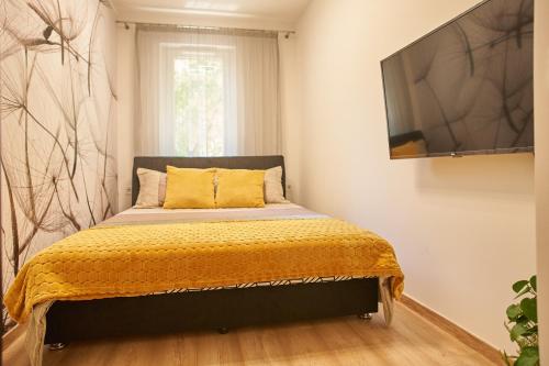 ein Schlafzimmer mit einem Bett und einem TV an der Wand in der Unterkunft SUNLIGHT BRONZE Plus - Szeged in Szeged