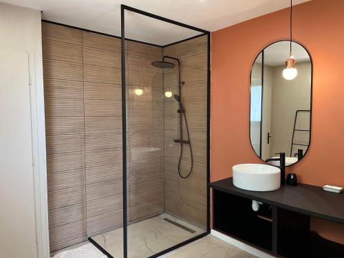 a bathroom with a shower with a sink and a mirror at Appartement Les Camélias proche La Rochelle in Périgny