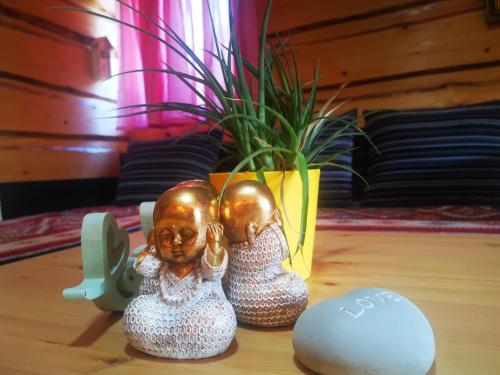 two head figurines on a table next to a plant at PLITVICE MAGIC in Rudanovac