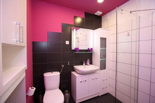 a bathroom with a white toilet and a pink wall at Apartments Klemenčič in Bohinj