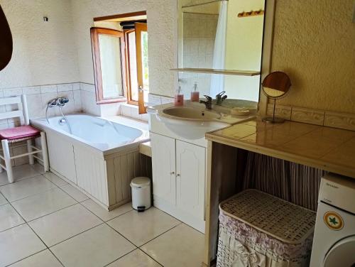 een badkamer met een bad, een wastafel en een spiegel bij La Vieille Ferme: superbe complexe de 3 gîtes en pierre avec Piscine au coeur du Périgord Noir in Saint-Geniès
