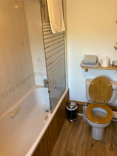 La salle de bains est pourvue de toilettes et d'une baignoire avec siège de toilette. dans l'établissement Bissick Old Mill Suite, à Truro
