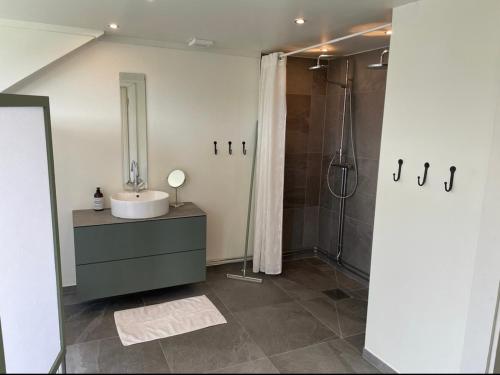 a bathroom with a sink and a shower at Villa Edvinsväg 8 in Åre