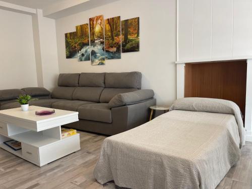 a living room with a bed and a couch at Apartamento Vilagarcía de Arousa -Playa 7 - Rías Baixas in Vilagarcia de Arousa