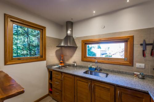uma cozinha com um lavatório e uma janela em Balcones del Sayhueque em Villa La Angostura