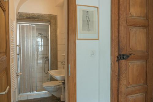 a bathroom with a toilet and a sink at Hotel Palazzo Salis in Soglio