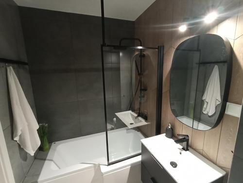 a bathroom with a shower and a sink and a mirror at Apartament Bernata-Śródka in Poznań