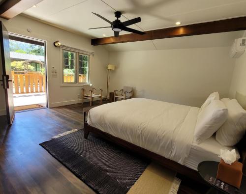a bedroom with a bed and a ceiling fan at Dawn Ranch in Guerneville