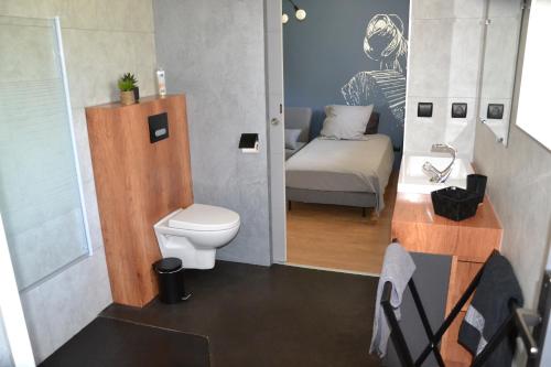 La petite salle de bains est pourvue de toilettes et d'un lavabo. dans l'établissement Gite Entre Causse et Vallon, tout confort pour 4 personnes dans grange rénovée au coeur de l'Aveyron, à Salles-la-Source