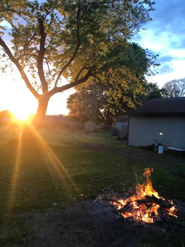 a fire in a yard next to a tree at Hope Bed and Breakfast in Canton