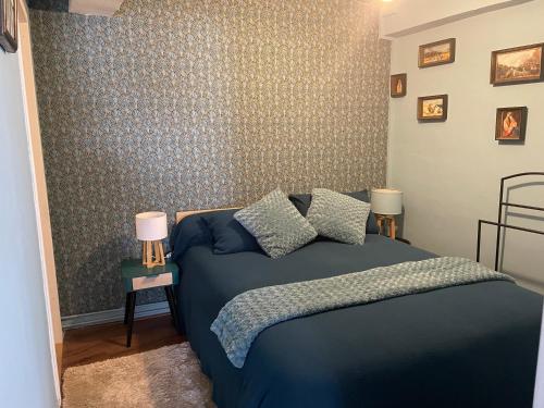 Un dormitorio con una cama azul y una pared en LouSangla en Salies-de-Béarn