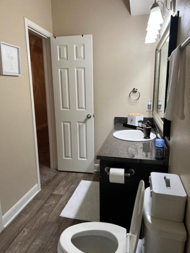 a bathroom with a white toilet and a sink at Smoke free Amazing spacious 2 beds 2 baths modern living in Houston