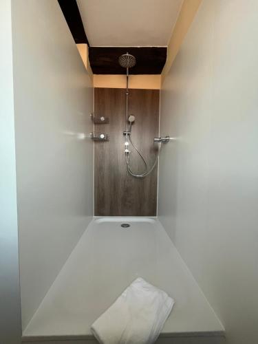 a bathroom with a shower in a white wall at Ferienwohnung Ederblick in Wabern
