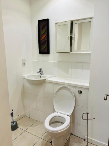 愛丁堡的住宿－FABULOUS 2BED 2BATH Ground Floor SERVICED ACCOMMODATION Near CITY，一间带卫生间和水槽的浴室
