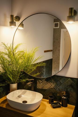 a bathroom with a white sink and a mirror at Domki Jodełka in Krasnobród