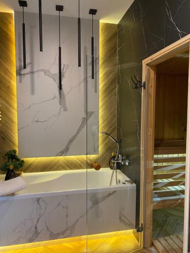 un bagno con vasca e doccia in vetro di Family & Business Sauna Tężnia Apartments No 5 Leśny nad Zalewem Cedzyna, Unikat - 4 Bedroom with Private Sauna, Bath with Hydromassage, Spectacular View Terrace, Garage, Catering Options a Kielce
