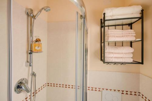 a shower in a bathroom with towels on a shelf at Apartments Florence - Ginevra in Florence