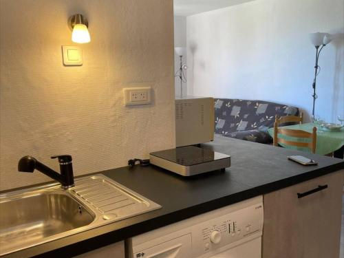 un comptoir de cuisine avec un évier et un micro-ondes dans l'établissement Appt 2 pièces avec piscine et parking, à 850m de la plage - FR-1-229D-110, à Fleury