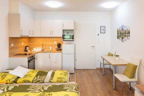 A kitchen or kitchenette at SWEET HOME Apartman, 30sqm studio, free private parking, mountain view, balcony, 20 min from downtown