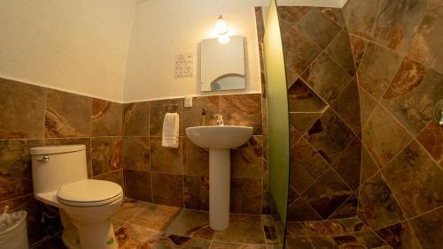 a bathroom with a toilet and a sink at La Buena Suerte in Tepoztlán