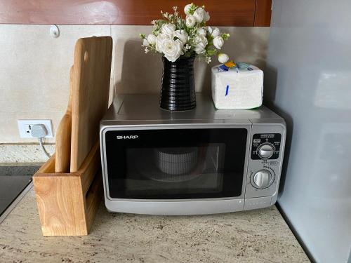 a vase of flowers sitting on top of a microwave at Gobi-Girl in Ulaanbaatar