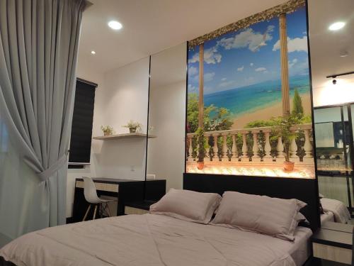 a bedroom with a large painting of a balcony at D'A4 Homestay @ Vista Bangi in Kajang