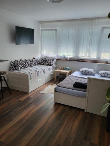 Duas camas num quarto com pisos em madeira em Studio apartman Tamai em Kutina