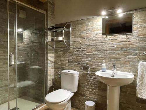 a bathroom with a toilet and a sink and a shower at Palacio de Aralar Grande in Oskotz