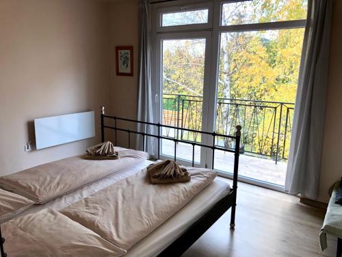 een slaapkamer met een bed en een groot raam bij Fecske Family Jakuzzi House_65m Lake-5 Bedroom in Zamárdi