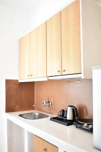 a kitchen with a sink and wooden cabinets at Tzamaros Studios in Mérikhas