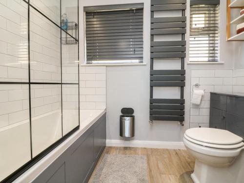 a bathroom with a toilet and a shower at Waves in Woolacombe