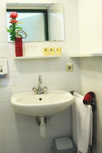 a white bathroom with a sink and a mirror at Hotel & Restaurant 'T Holt in Diepenheim