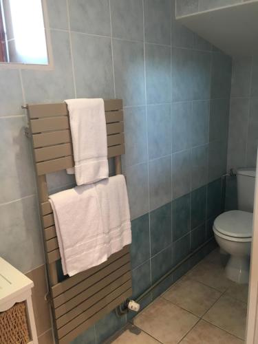 uma casa de banho com WC e toalhas num cabide em Studio em Pluduno