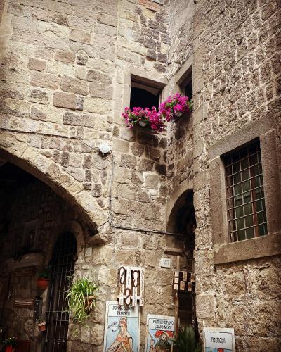 a stone building with two windows with pink flowers at aCasetta GuestHouse in Viterbo