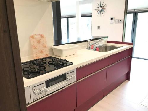 a kitchen with a stove and a sink at 大型貸切別荘 HOUSE ASA 最大22名 サウナ BBQ ホームカラオケ 焚き火 from九十九里海岸歩7分 in Kujukuri
