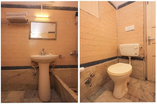 two pictures of a bathroom with a toilet and a sink at Surya Resort Dalhousie in Dalhousie
