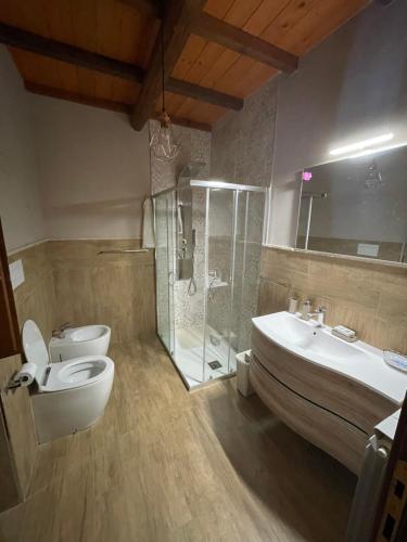 y baño con aseo, lavabo y ducha. en La casa di Zio Donato, en Roccamorice