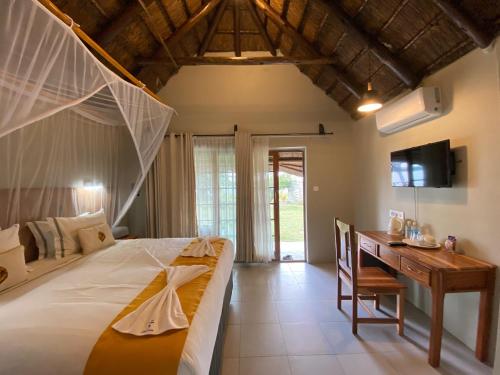 - une chambre avec un lit, un bureau et une télévision dans l'établissement Big 5 Toro Lodge, à Kasane