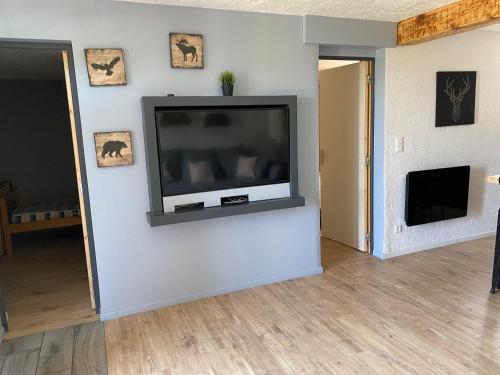un salon avec une télévision à écran plat sur un mur dans l'établissement Bas de chalet au pied des pistes Cambre d'aze, à Saint-Pierre-dels-Forcats