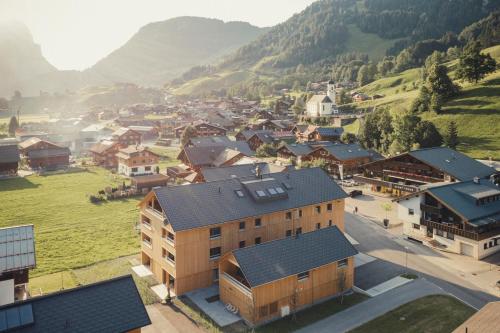 an aerial view of a small village in the mountains at DER*ADLER Apartments in Schoppernau