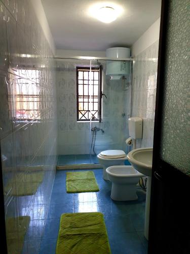 a bathroom with a toilet and a sink and a shower at Vila Koltrina in Shkodër