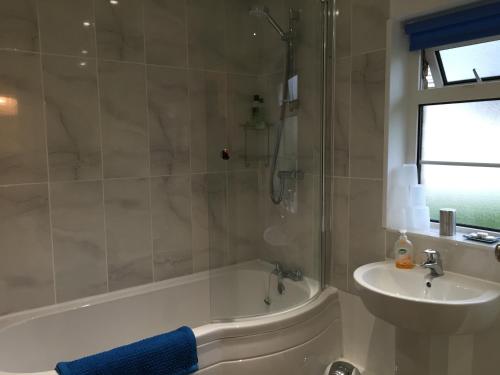 a bathroom with a bath tub and a sink at Llys y Coed in Brechfa