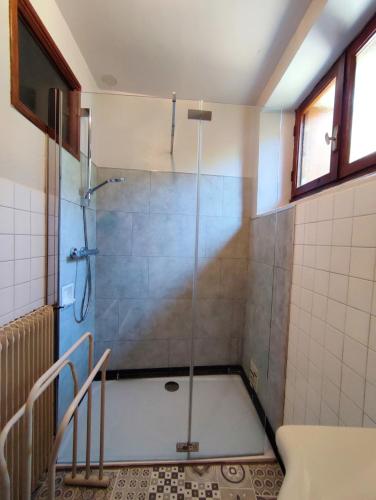 une douche avec une porte vitrée dans une salle de bain dans l'établissement Maison charmante à Florentin-la-Capelle avec vue montagne, à Florentin-la-Capelle