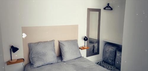 um quarto com uma cama e uma lareira em Studio aux portes d' Amiens em Cagny